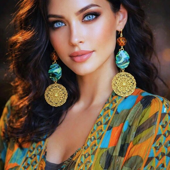 Hand Crafted Jewelry - Artisan Earrings. Gold Filigree Medallion. Champagne Pave Crystal. Abalone.